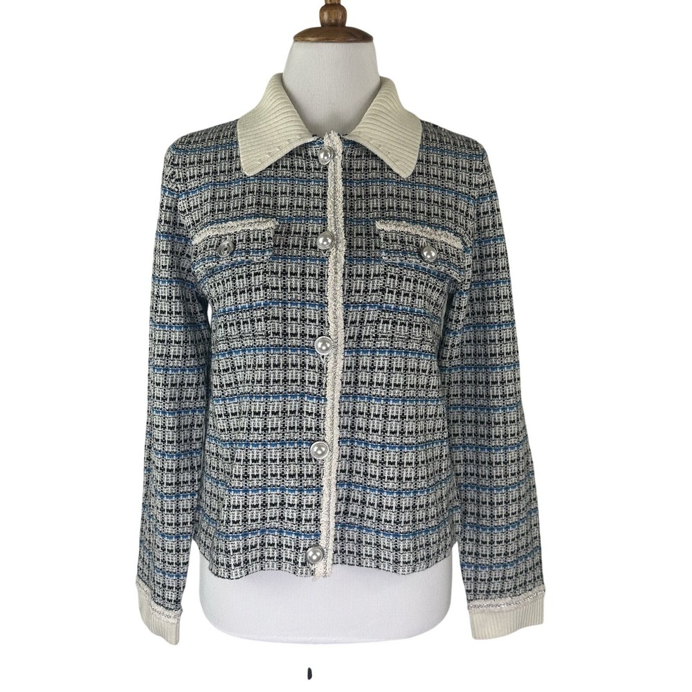 Talbots Tweed Cardigan Sweater Multicolor Pearl Button Collared Womens M READ
